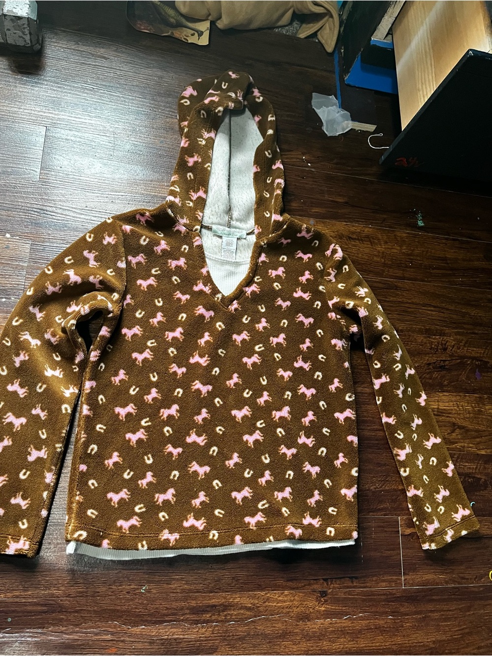 Kids Brown plush fleece Hoodie with Pink Horse Pattern Sz 14/16